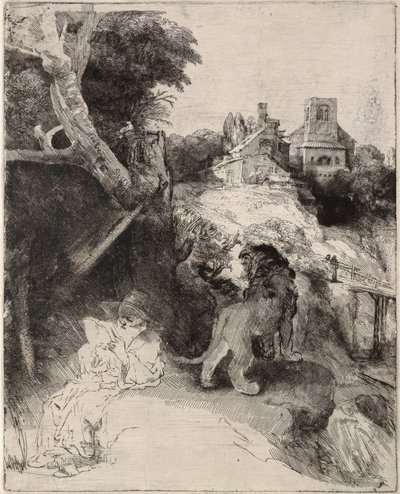 Sint Hiëronymus lezend in een Italiaans landschap door Rembrandt van Rijn